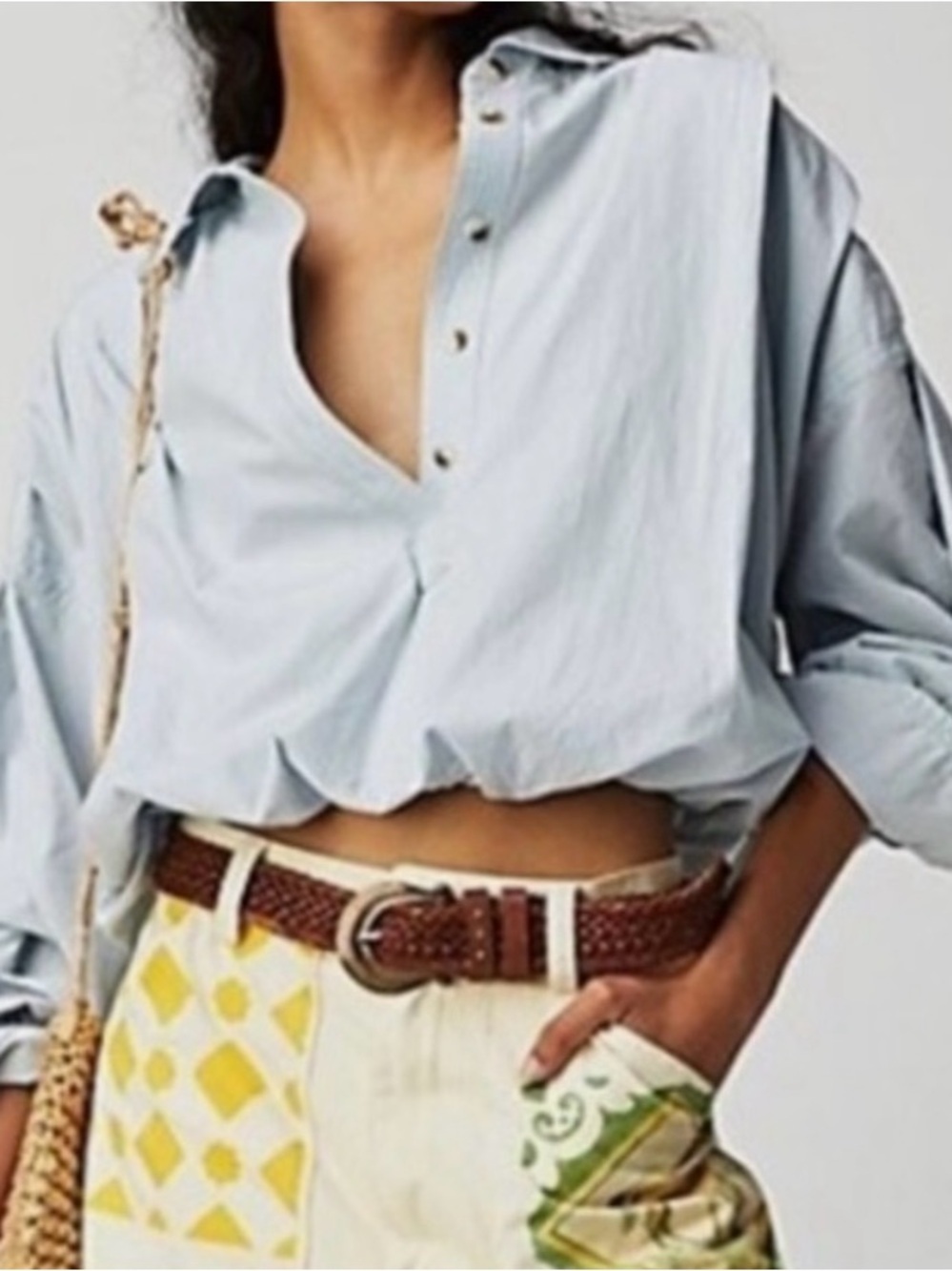 FREE PEOPLE- Light Blue Striped Bubble-Hem Button Top - Picture 11 of 12